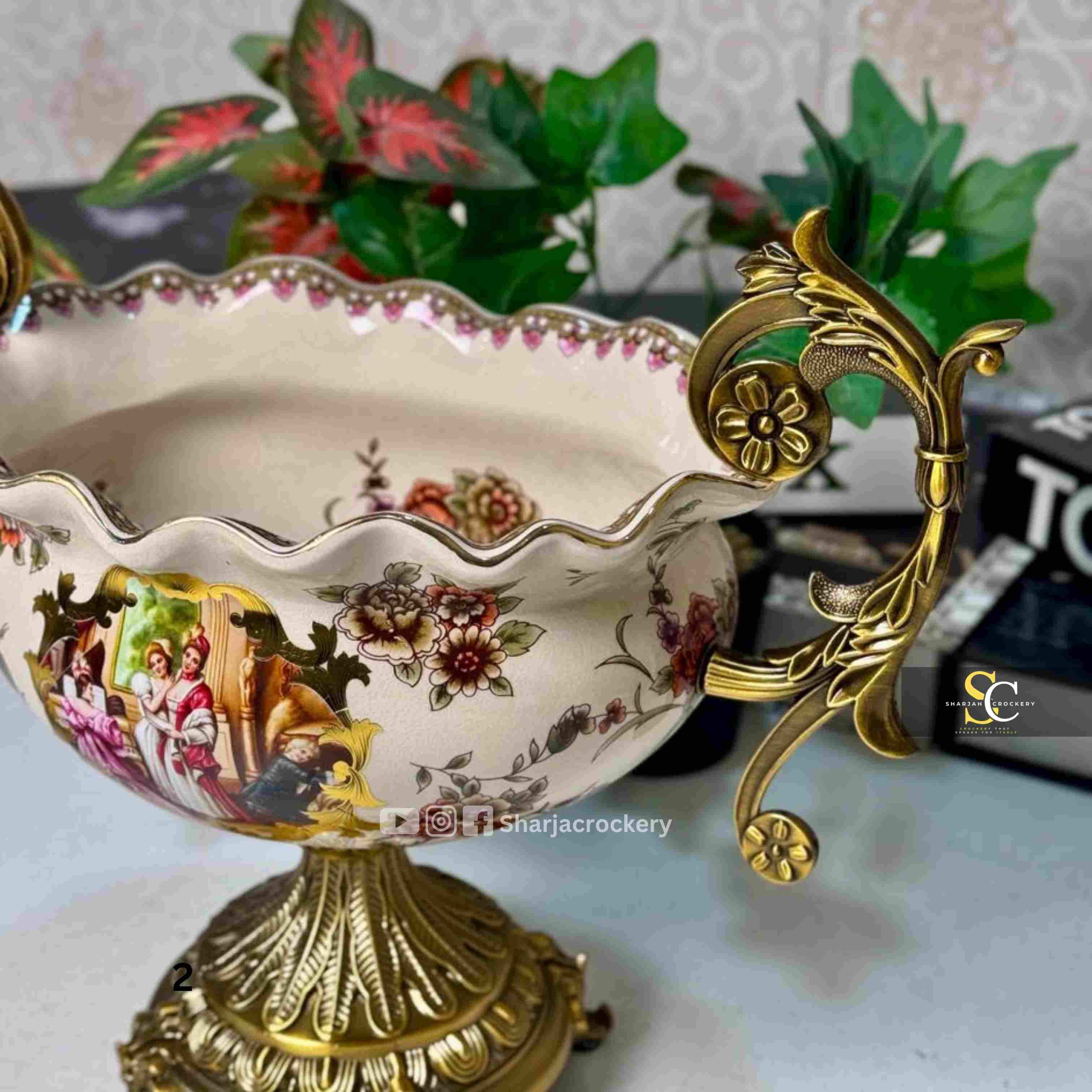 Vintage Style Porcelain Vases & Bowls with Ornate Golden Brass  Handles