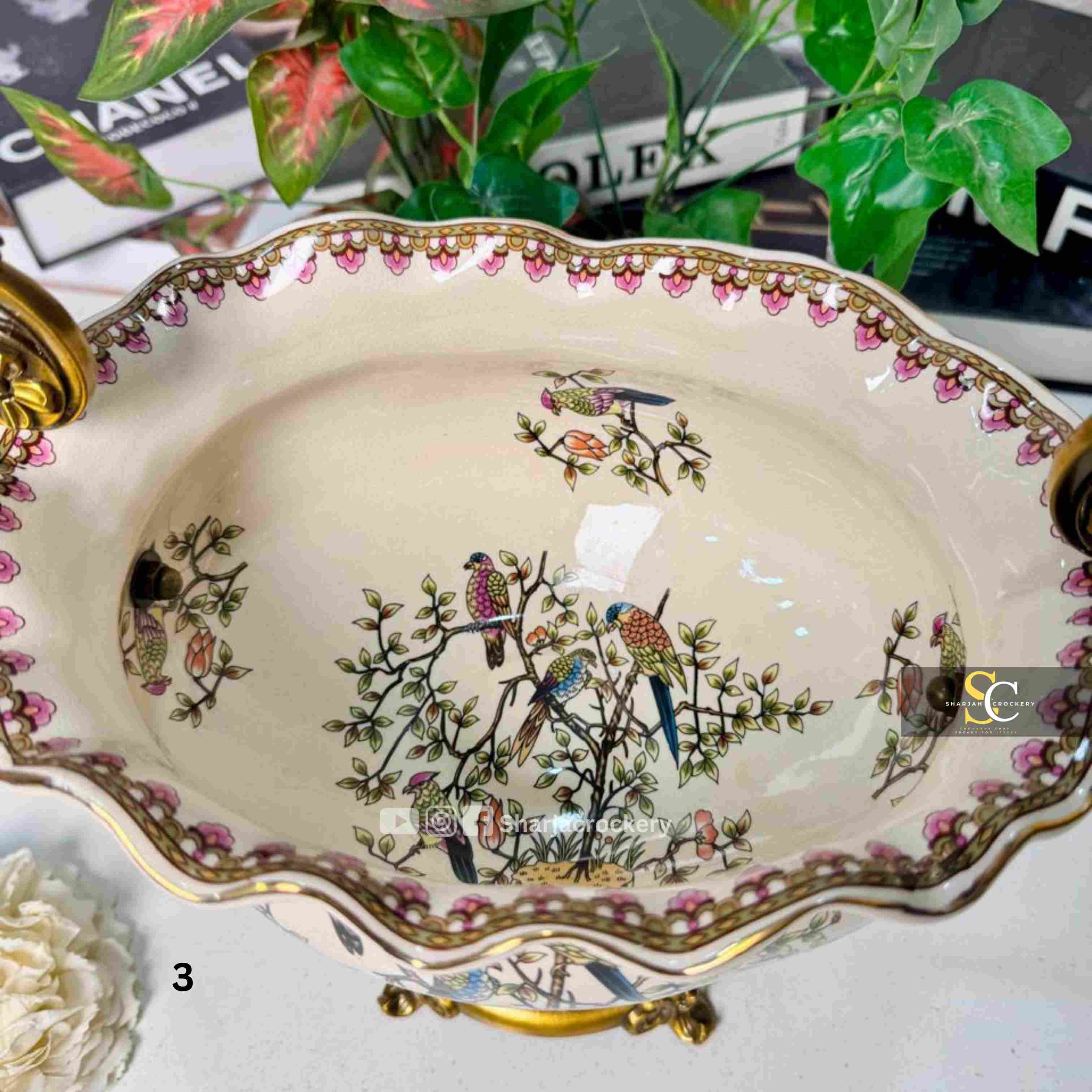 Vintage Style Porcelain Vases & Bowls with Ornate Golden Brass  Handles