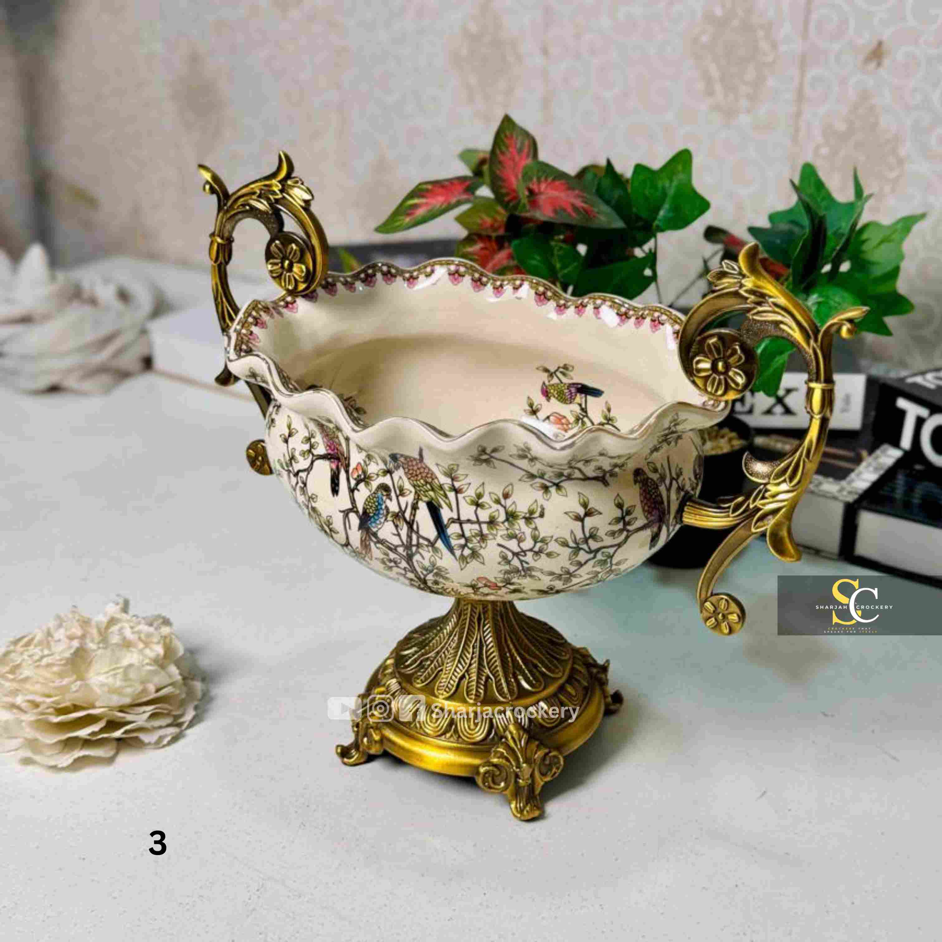 Vintage Style Porcelain Vases & Bowls with Ornate Golden Brass  Handles