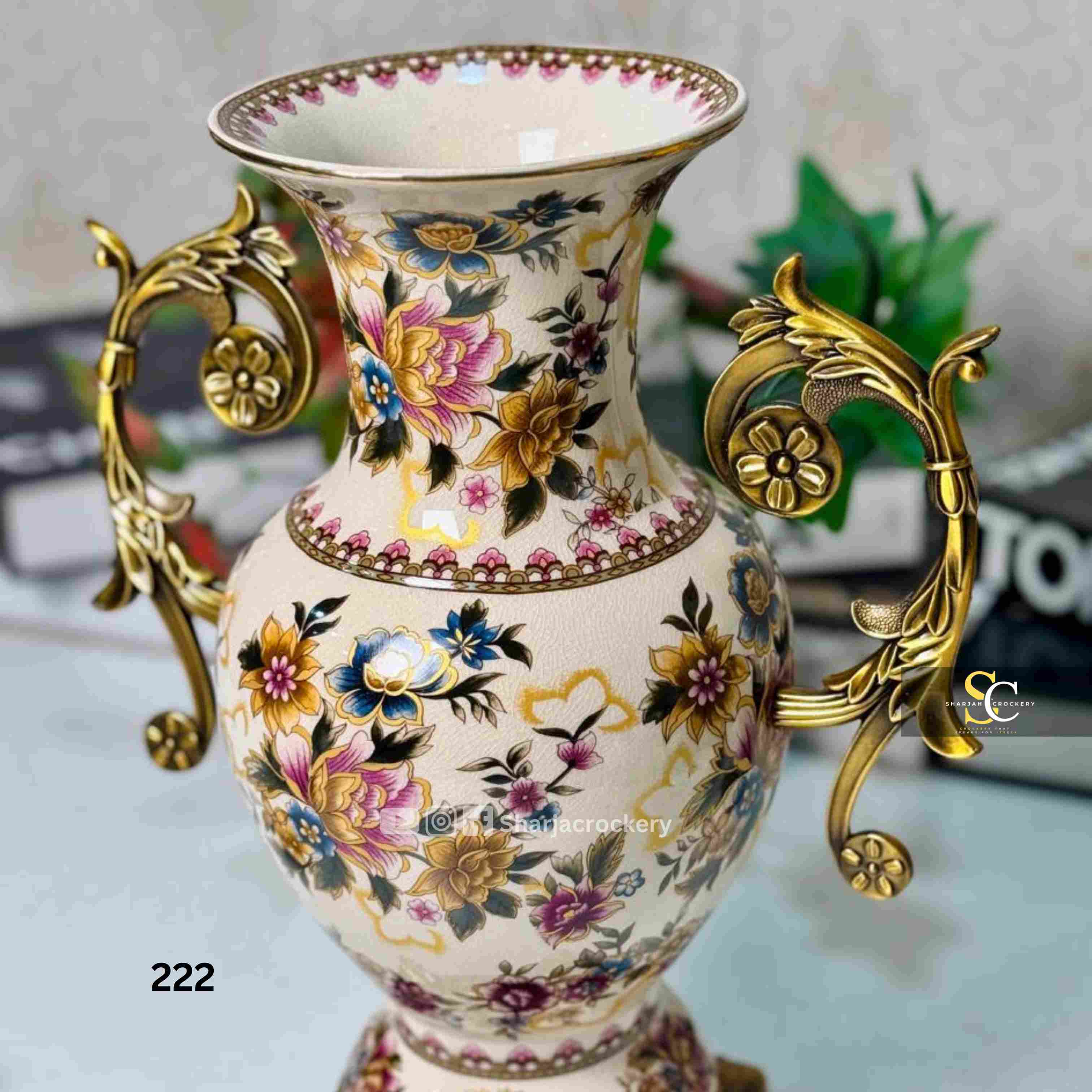 Vintage Style Porcelain Vases & Bowls with Ornate Golden Brass  Handles