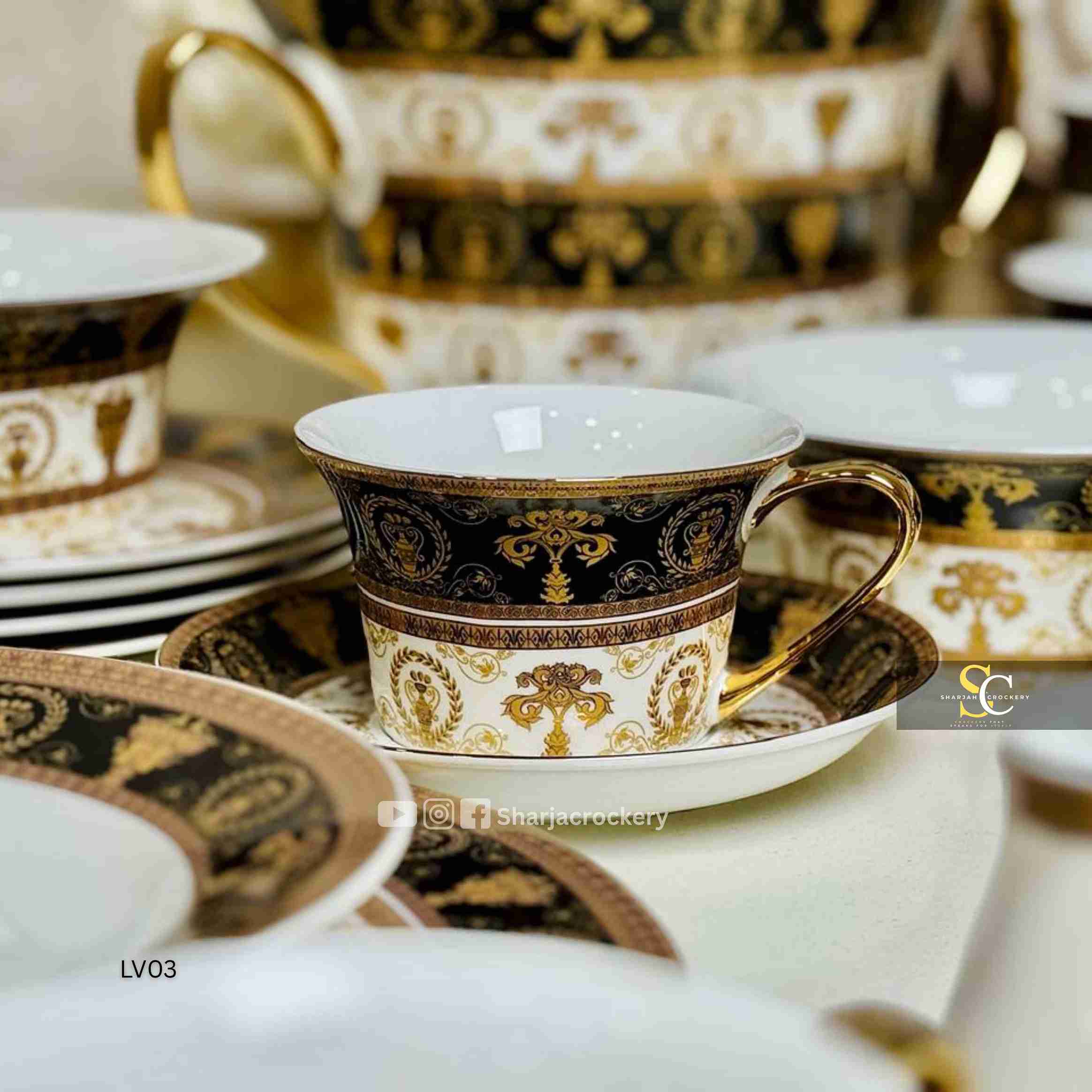 Luxury 24-Piece Versace Black Gold Baroque Tea Set – Elegant Medusa-