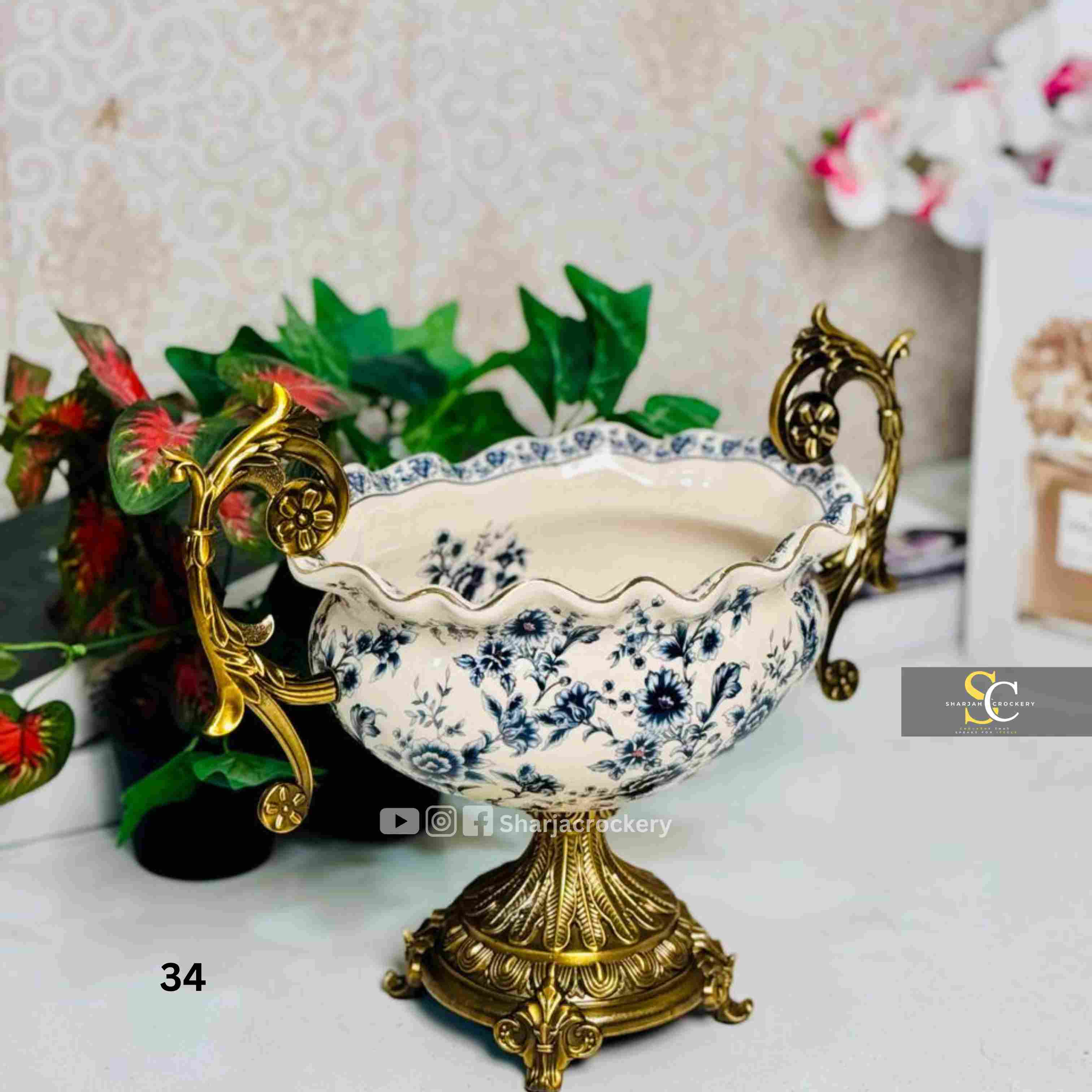 Vintage Style Porcelain Vases & Bowls with Ornate Golden Brass  Handles