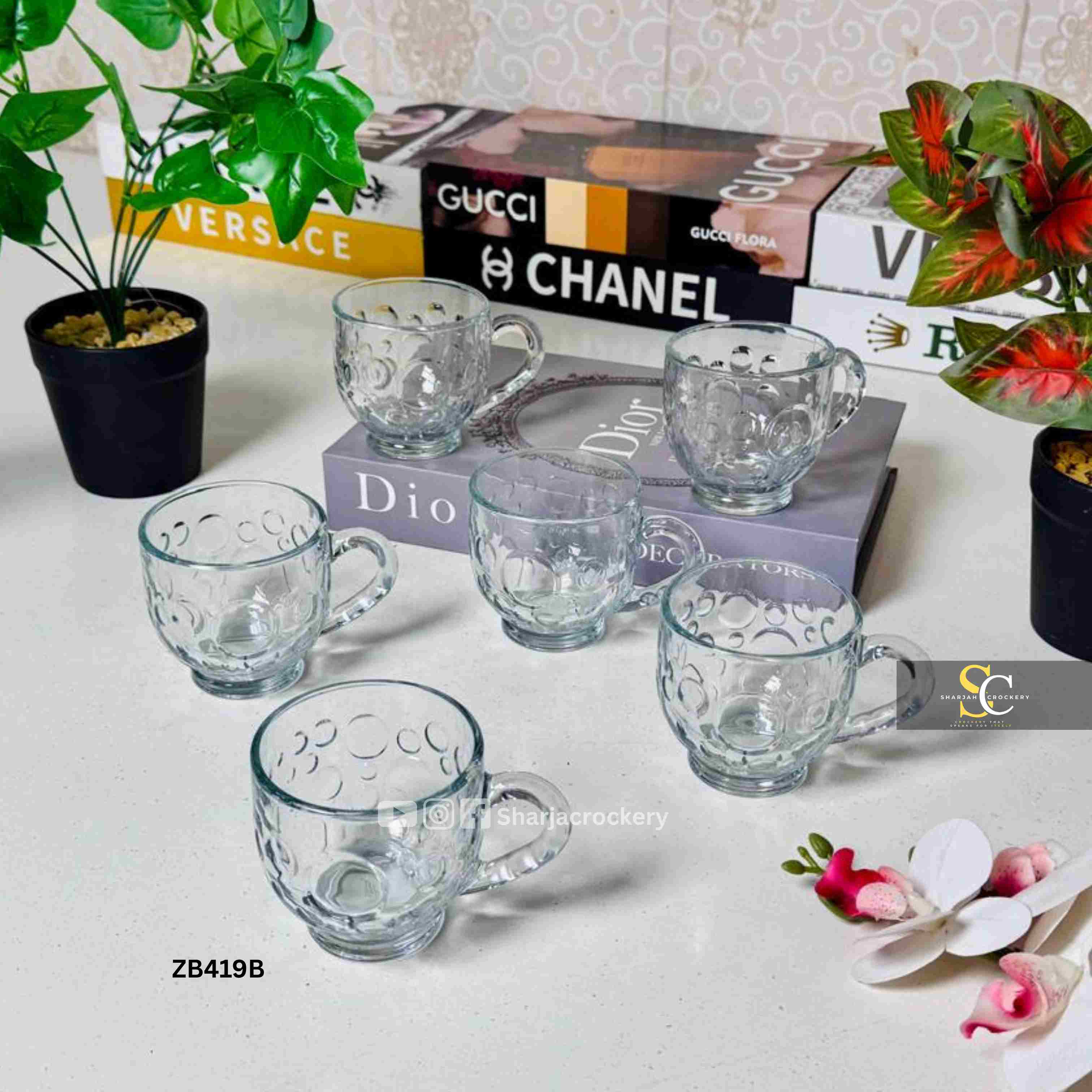 Modern & Classic Glass Tea Cups Set of 6 | Handled Mugs Collection