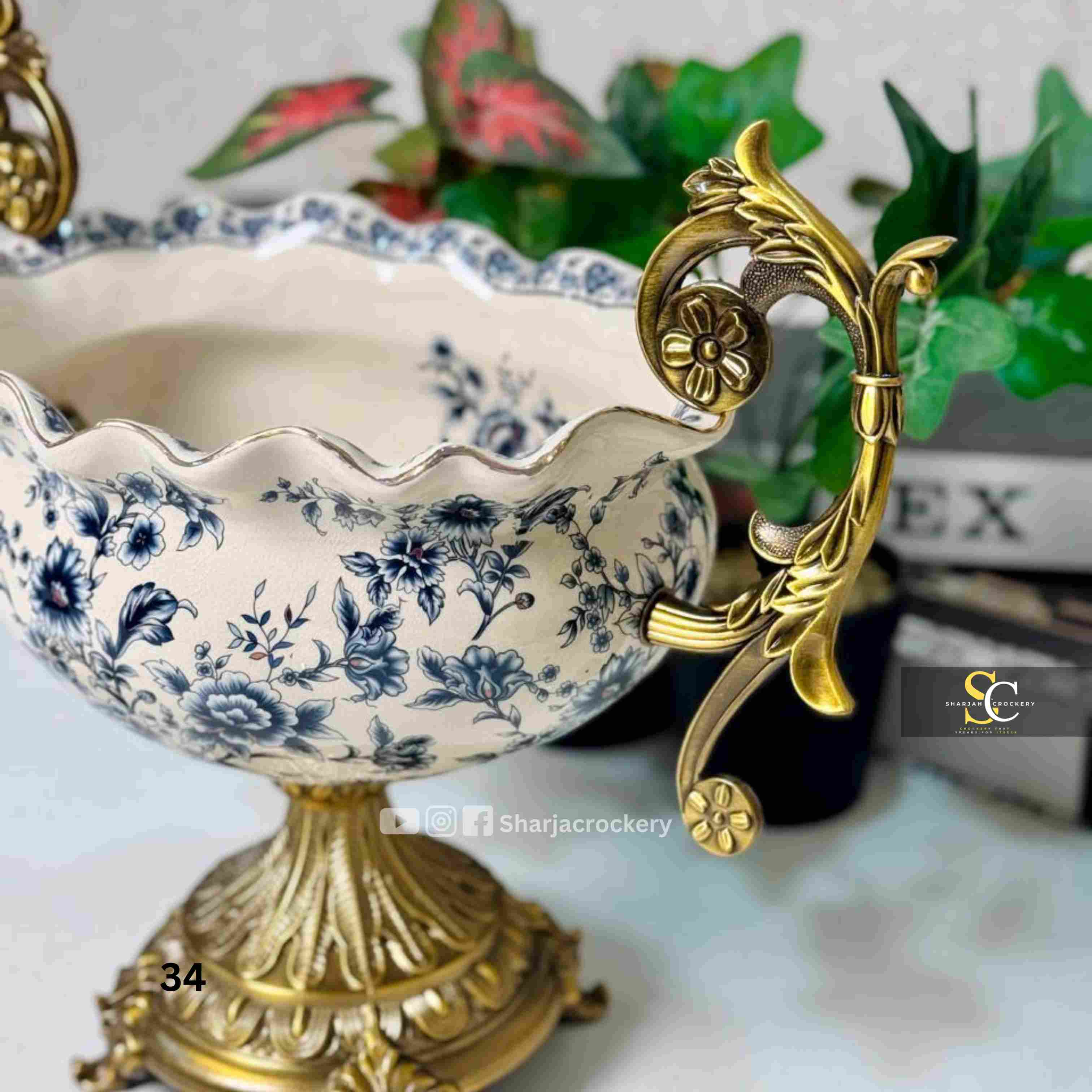 Vintage Style Porcelain Vases & Bowls with Ornate Golden Brass  Handles
