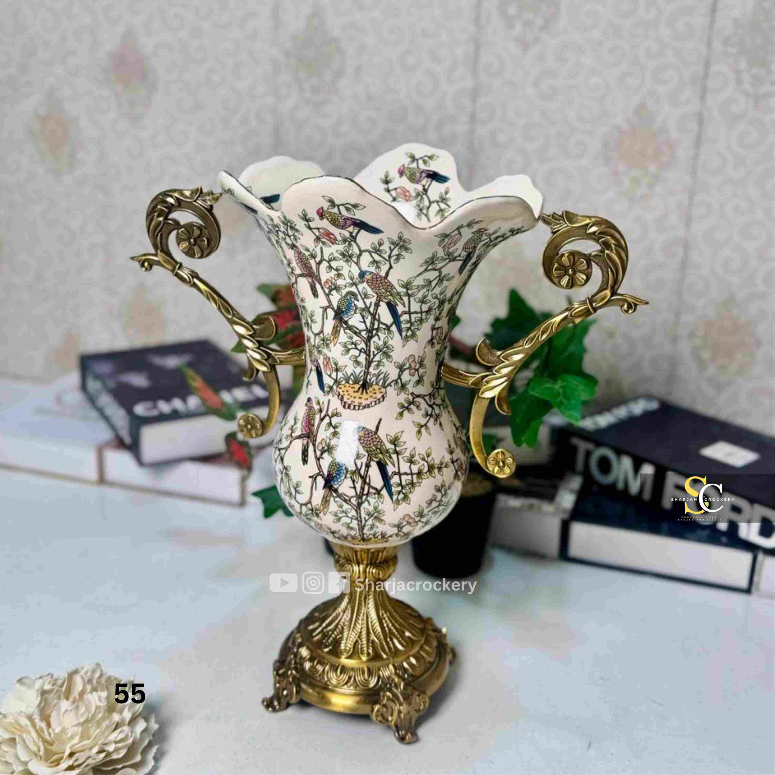 Vintage Style Porcelain Vases & Bowls with Ornate Golden Brass  Handles