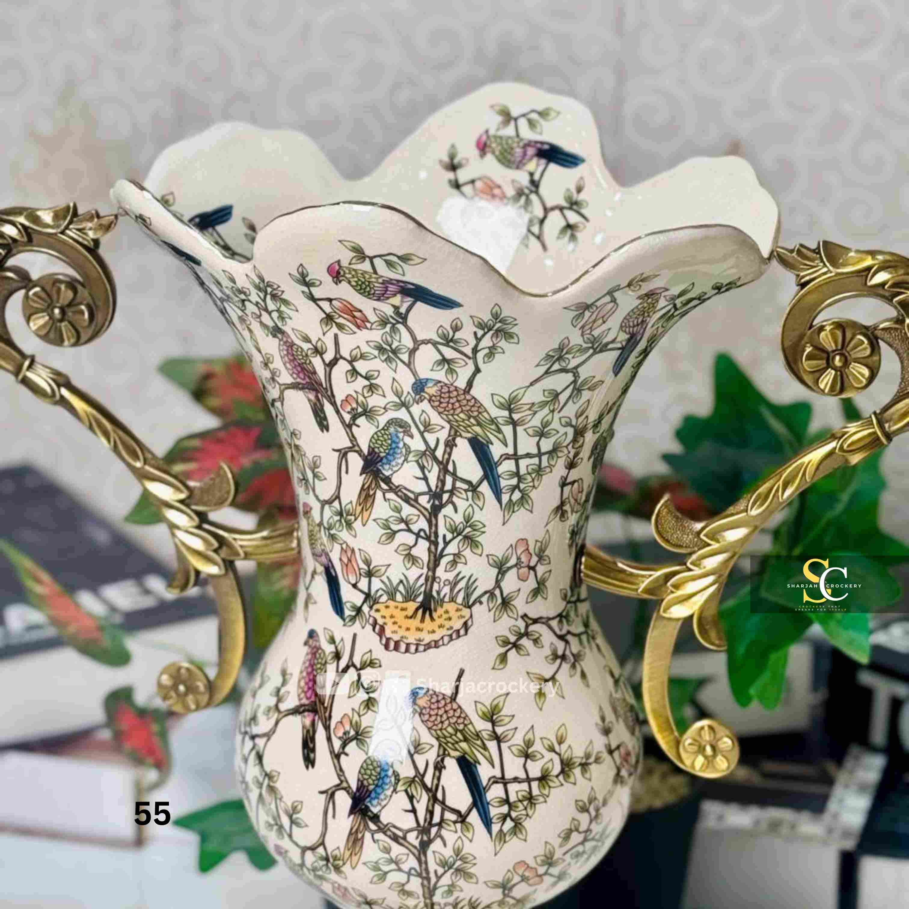 Vintage Style Porcelain Vases & Bowls with Ornate Golden Brass  Handles