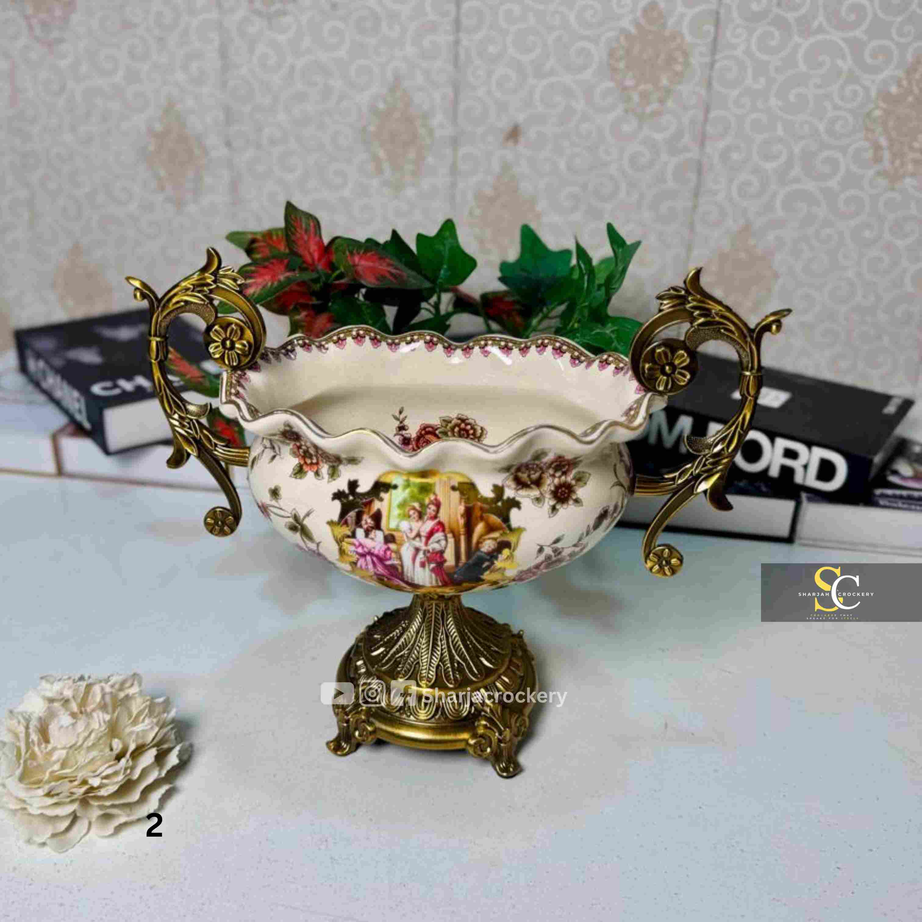 Vintage Style Porcelain Vases & Bowls with Ornate Golden Brass  Handles